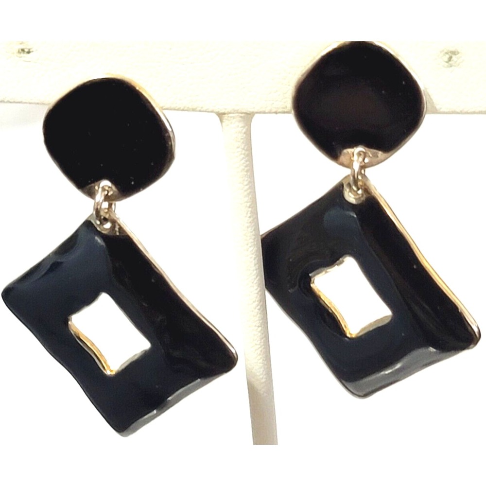 Vintage Black Enamel & Gold-tone Dangle Clip-on Earrings, MOD Geometric Earring